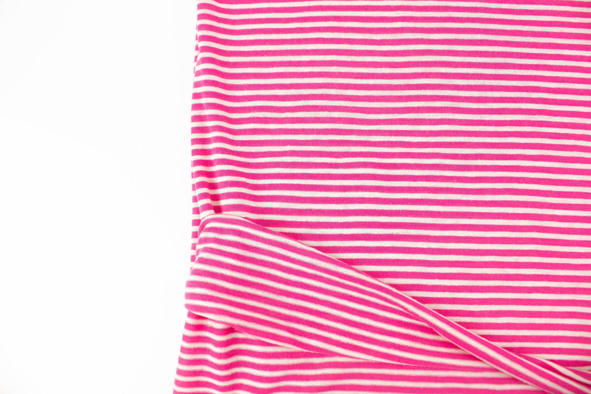 Dark Pink and Off White Narrow Stripe Speckled Knit Jersey Fabric by the yard STK00263R - Felinus Fabrics