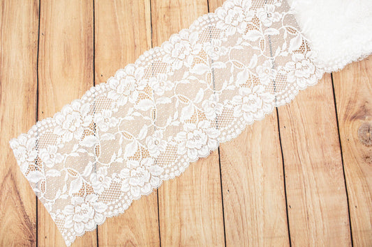 Off White Floral Wide Stretch Lace Trim 7.25 inches width x by the yard SLT00241 - Felinus Fabrics