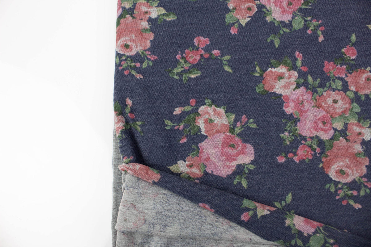 Heather Dark Blue and Blush Floral Baby French Terry Knit Fabric 2 yards 24 inches FTK00814 - Felinus Fabrics