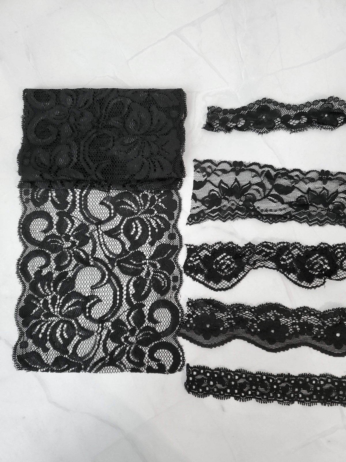 Black Stretch Lace Trim Scrap Pack Scrap Bundle 6 pieces of 1-2 yards each - Felinus Fabrics