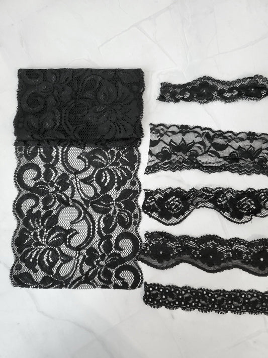 Black Stretch Lace Trim Scrap Pack Scrap Bundle 6 pieces of 1-2 yards each - Felinus Fabrics