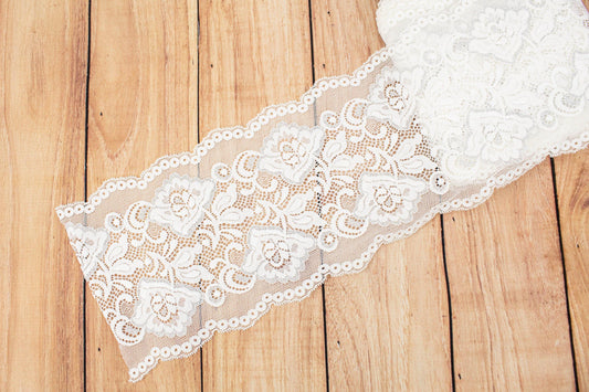 Off White and Metallic Silver Floral Wide Stretch Lace Trim 5.75 inches width x by the yard SLT00242 - Felinus Fabrics