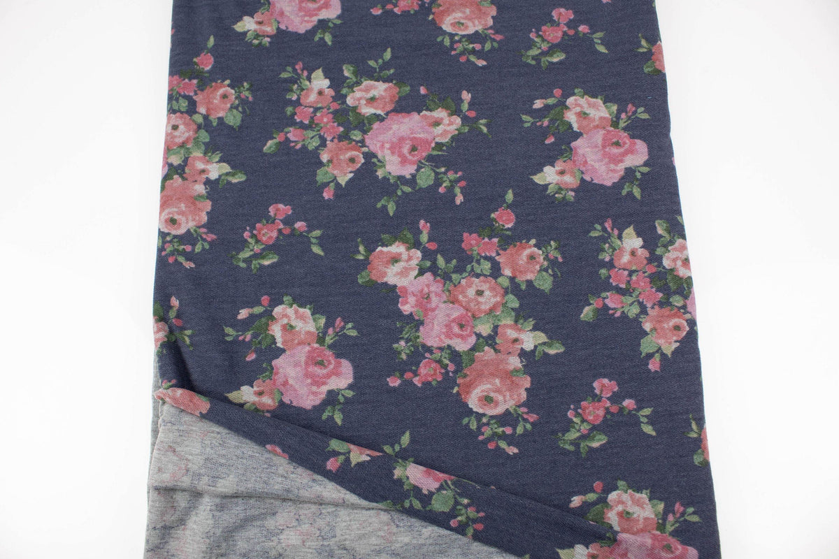Heather Dark Blue and Blush Floral Baby French Terry Knit Fabric 2 yards 24 inches FTK00814 - Felinus Fabrics