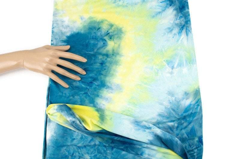 Blue and Yellow Tie Dye Brushed Poly Knit Fabric 1 yard - Felinus Fabrics