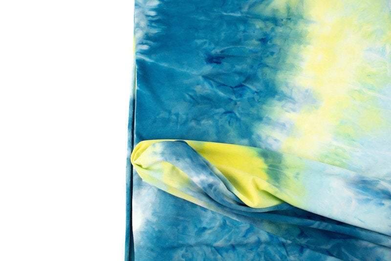 Blue and Yellow Tie Dye Brushed Poly Knit Fabric 1 yard - Felinus Fabrics