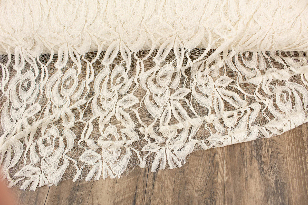 Ecru Floral Lace On Netting Fabric by the yard LAC00003R - Felinus Fabrics