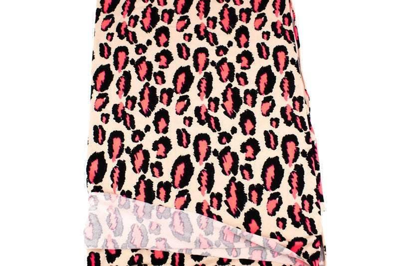 Beige Black and Neon Coral Pink Leopard Print Animal Print Brushed Polyester Spandex Knit Jersey Fabric by the yard - Felinus Fabrics