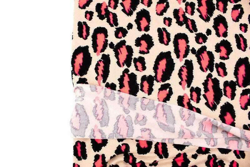Beige Black and Neon Coral Pink Leopard Print Animal Print Brushed Polyester Spandex Knit Jersey Fabric by the yard - Felinus Fabrics