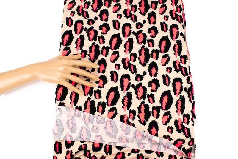 Beige Black and Neon Coral Pink Leopard Print Animal Print Brushed Polyester Spandex Knit Jersey Fabric by the yard - Felinus Fabrics