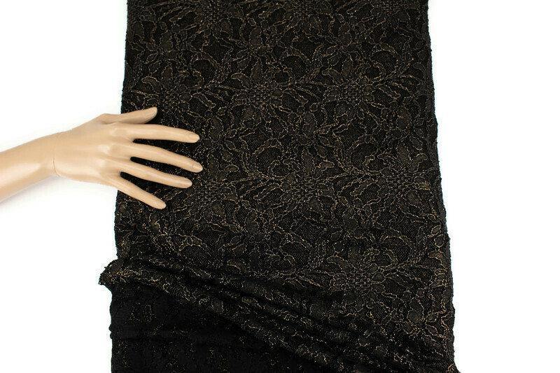 Black and Metallic Gold Floral Stretch Lace Fabric by the yard - Felinus Fabrics