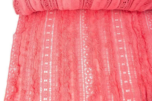 Bright Coral Pink Cotton Lace Fringe Fabric by the yard - Felinus Fabrics