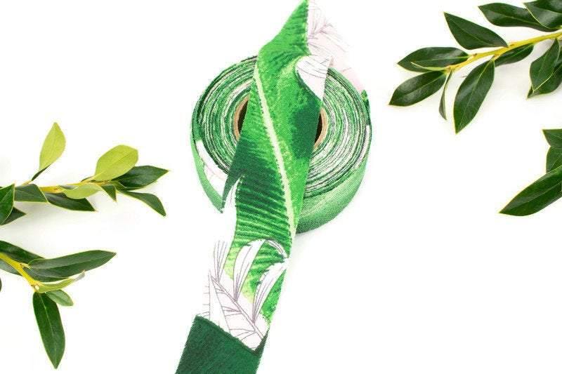 Green and Light Pink Tropical Leaves Embossed Cloque Crepe Georgette Woven Bias Tape 1.25 inches width x 13 yards BST00201 - Felinus Fabrics