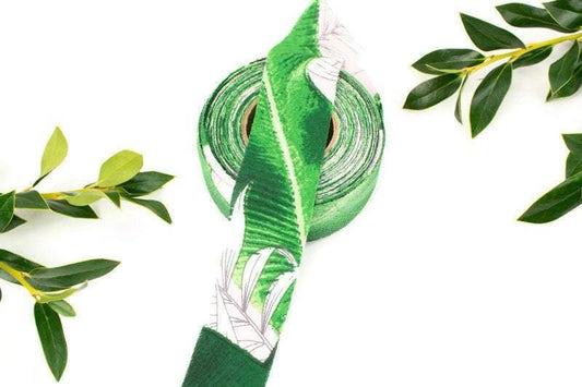 Green and Light Pink Tropical Leaves Embossed Cloque Crepe Georgette Woven Bias Tape 1.25 inches width x 13 yards BST00201 - Felinus Fabrics