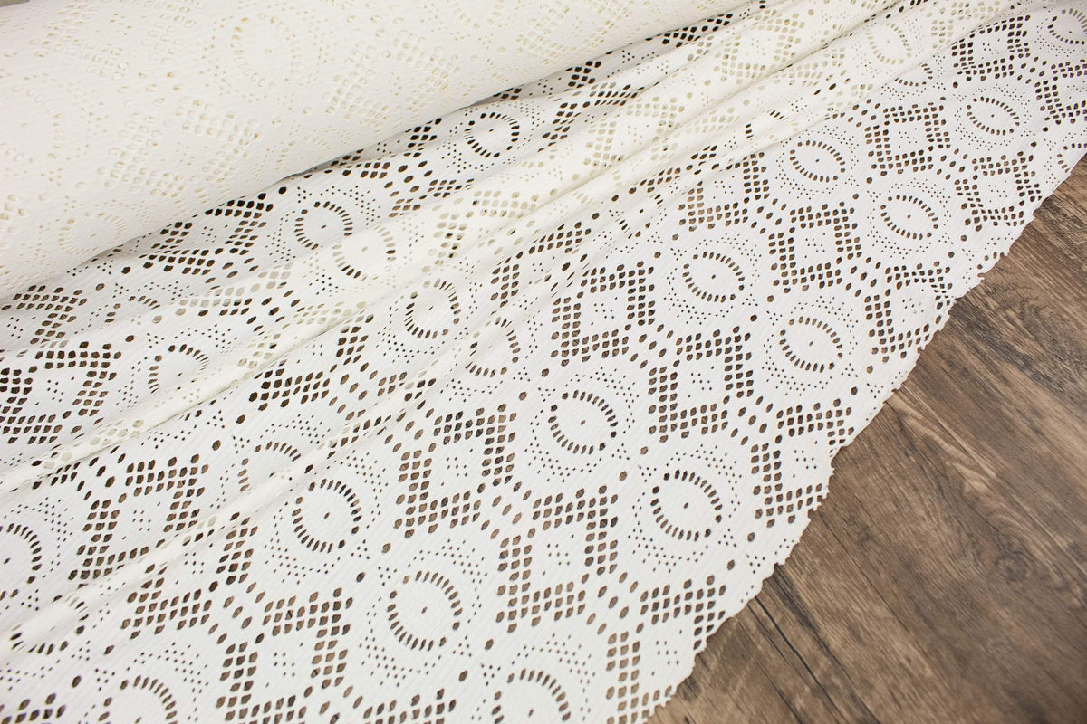 Off White Fancy Cut Out Polyester Spandex Knit Fabric Made in France by the yard ATK00502R  Extra Wide - Felinus Fabrics
