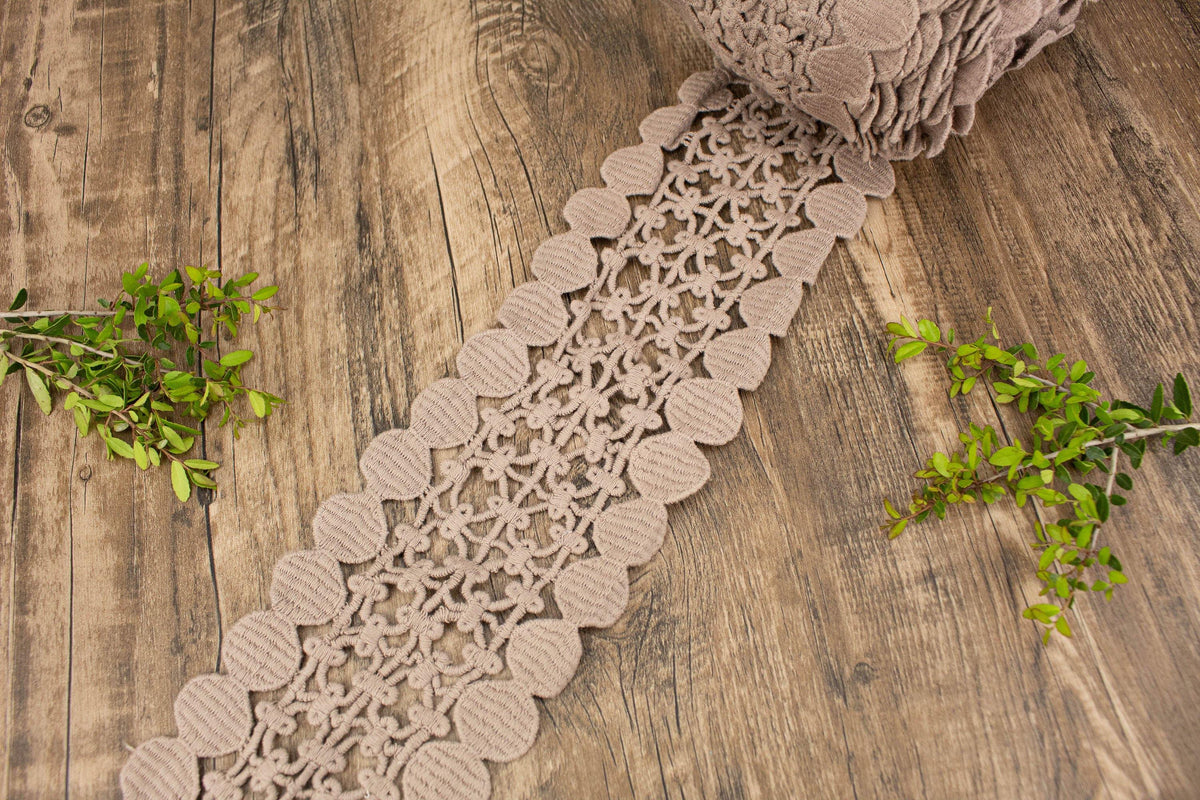 Brown Wide Cotton Lace Trim 4 inches width by the yard - Felinus Fabrics