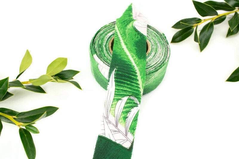 Green and Light Pink Tropical Leaves Embossed Cloque Crepe Georgette Woven Bias Tape 1.25 inches width x 13 yards BST00201 - Felinus Fabrics