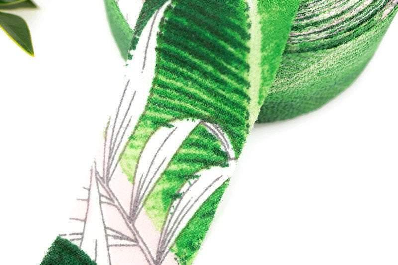 Green and Light Pink Tropical Leaves Embossed Cloque Crepe Georgette Woven Bias Tape 1.25 inches width x 13 yards BST00201 - Felinus Fabrics