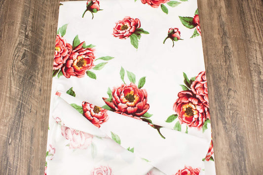 Off White Red Floral Techno Crepe Double Knit Ponte Knit Fabric by the yard PDK00707R - Felinus Fabrics