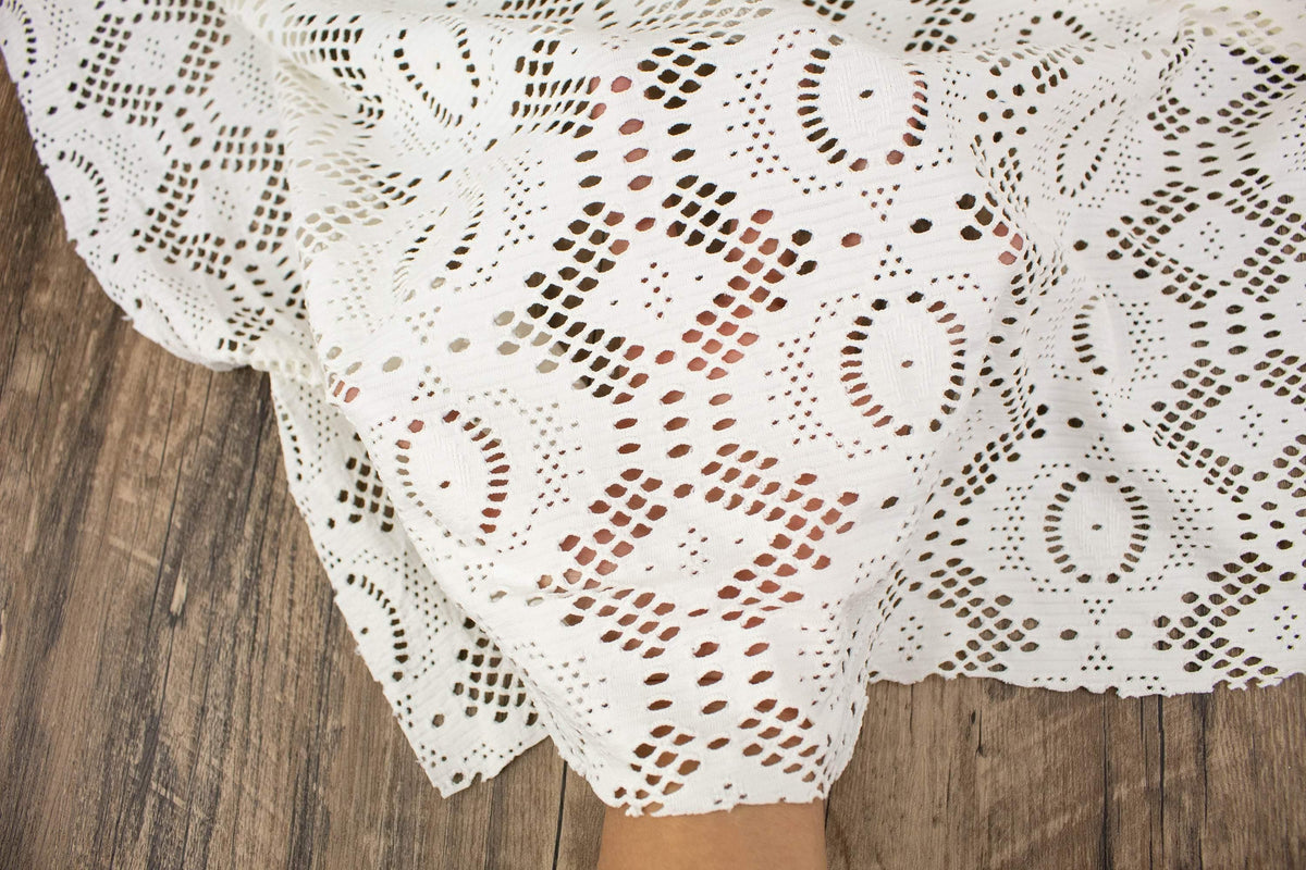 Off White Fancy Cut Out Polyester Spandex Knit Fabric Made in France by the yard ATK00502R  Extra Wide - Felinus Fabrics