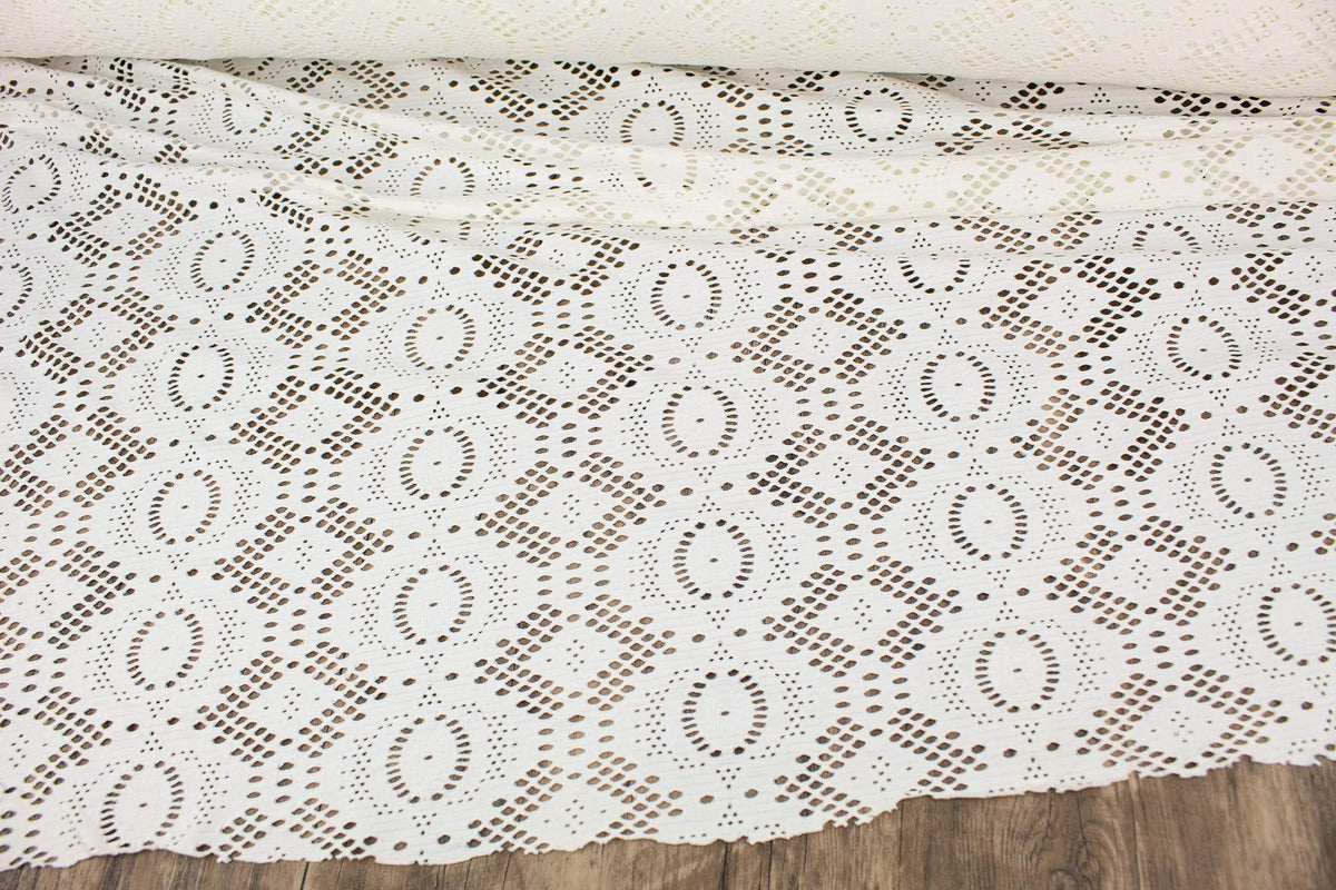 Off White Fancy Cut Out Polyester Spandex Knit Fabric Made in France by the yard ATK00502R  Extra Wide - Felinus Fabrics