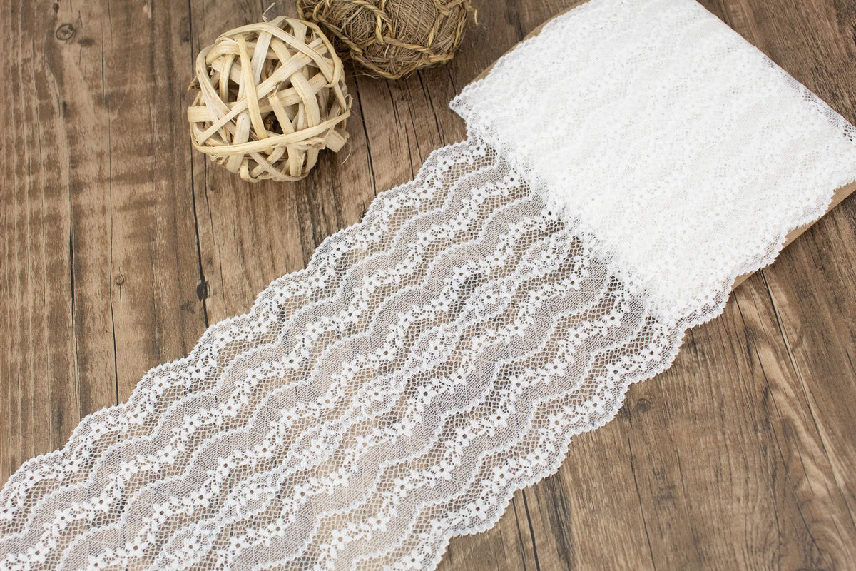Off White Wide Floral Stretch Lace Trim 6.75 inches width x 3.75 yards SLT00246 - Felinus Fabrics