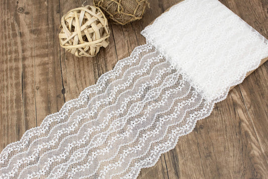 Off White Wide Floral Stretch Lace Trim 6.75 inches width x 3.75 yards SLT00246 - Felinus Fabrics