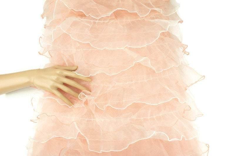 Peach Pink and Off White Ruffled Organza on Mesh Fabric by the yard MNT00006R - Felinus Fabrics