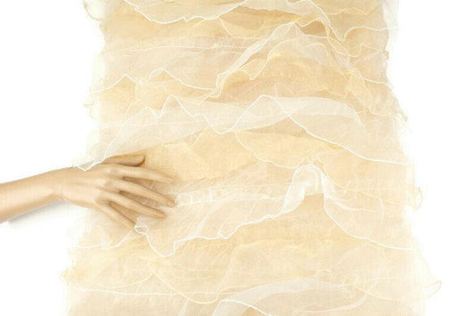 Champagne Gold and Off White Ruffled Organza on Mesh Fabric by the yard - Felinus Fabrics