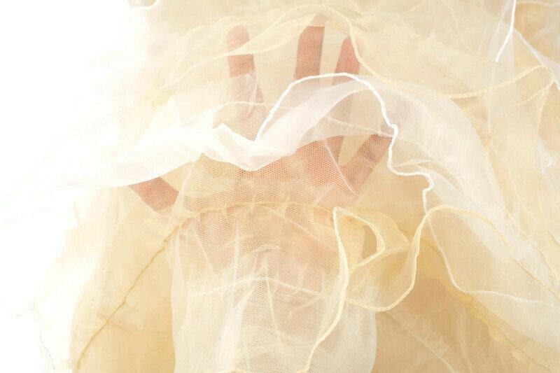 Champagne Gold and Off White Ruffled Organza on Mesh Fabric by the yard - Felinus Fabrics
