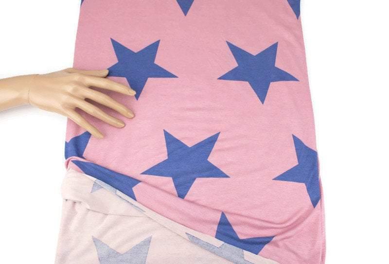 Vintage Pink and Blue Star Print Knit Jersey Fabric by the yard PDK00708R - Felinus Fabrics