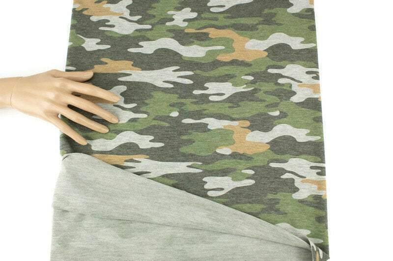 Green and Orange Camouflage Print Baby French Terry Knit Fabric by the yard - Felinus Fabrics