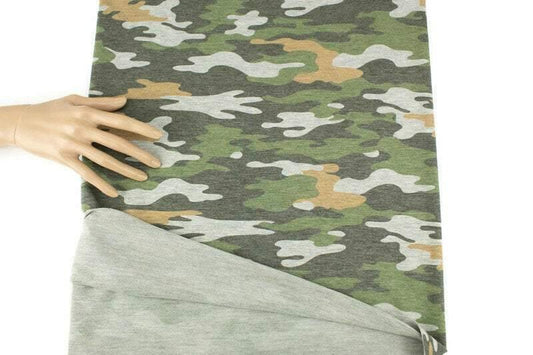 Green and Orange Camouflage Print Baby French Terry Knit Fabric by the yard - Felinus Fabrics