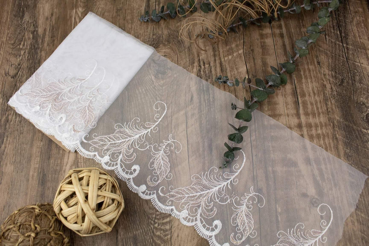 White and Mauve Feather Embroidered Mesh Lace Trim Remnant 2 yards 24 inches - Felinus Fabrics