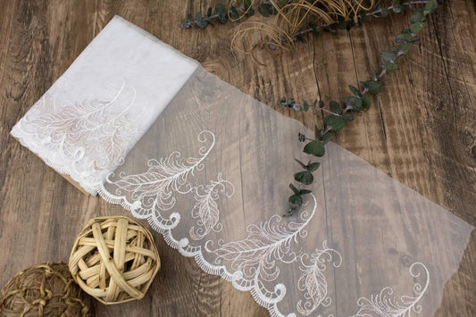 White and Mauve Feather Embroidered Mesh Lace Trim Remnant 2 yards 24 inches - Felinus Fabrics