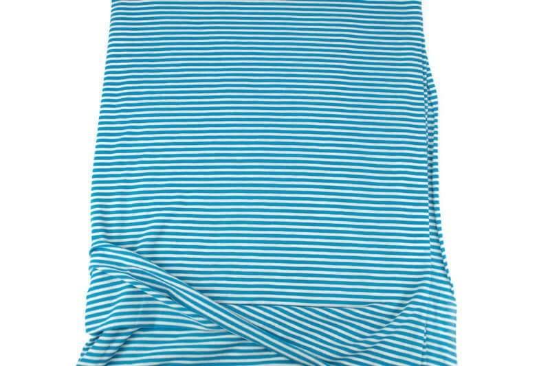 Teal Blue and Off White Narrow Stripe Speckled Knit Jersey Fabric by the yard - Felinus Fabrics