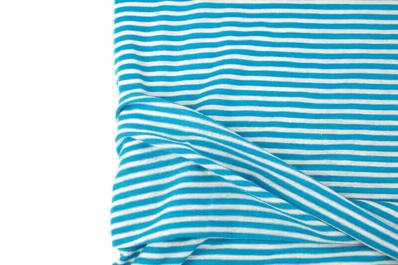 Teal Blue and Off White Narrow Stripe Speckled Knit Jersey Fabric by the yard - Felinus Fabrics