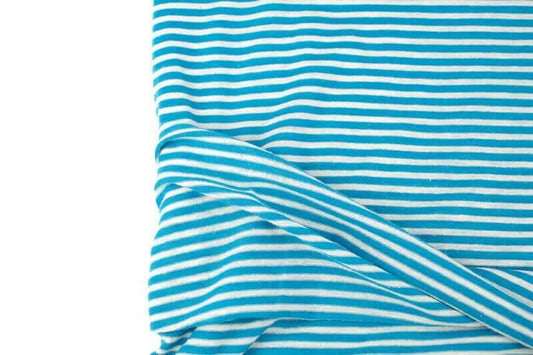 Teal Blue and Off White Narrow Stripe Speckled Knit Jersey Fabric by the yard - Felinus Fabrics