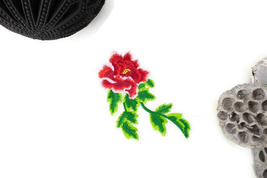 Red Flower Embroidered Iron On Patch Applique - Felinus Fabrics
