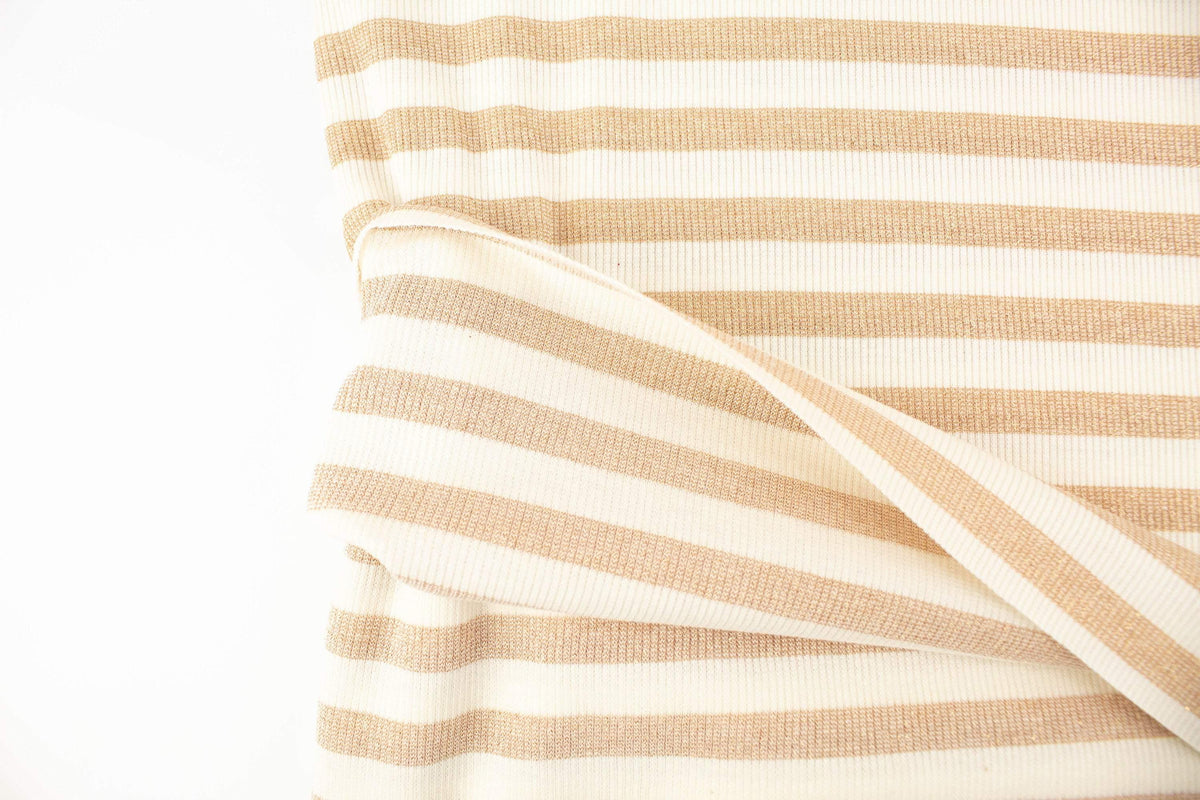 Buttercream and Metallic Gold Stripe Rib Knit Fabric by the yard - Felinus Fabrics