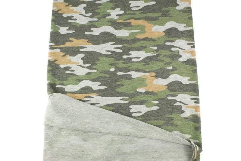 Green and Orange Camouflage Print Baby French Terry Knit Fabric by the yard - Felinus Fabrics