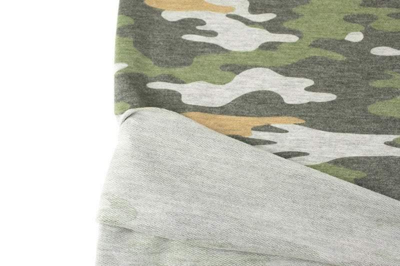Green and Orange Camouflage Print Baby French Terry Knit Fabric by the yard - Felinus Fabrics