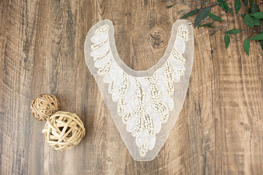 Cream Pearl Sequined Embroidered Applique for Top - Felinus Fabrics
