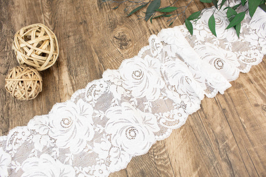 Off White Floral Wide Stretch Lace Trim  4.75 yards - Felinus Fabrics