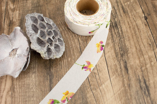 Yellow and Magenta Floral Stripe Gauze Bias Tape 25 yards - Felinus Fabrics