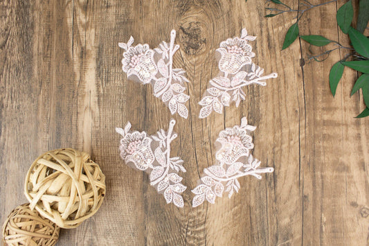 Light Pink Floral Beaded Sequined Small Appliques 4 Pieces - Felinus Fabrics