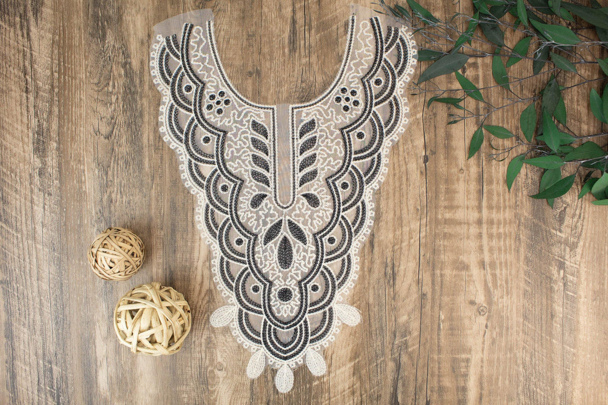 Cream and Black Embroidered Applique for Front Top - Felinus Fabrics