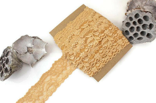 Butterscotch Floral Stretch Lace Trim Remnant 2 inches width x 11.5 yards - Felinus Fabrics