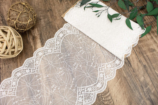 Off White Wide Stretch Lace Trim Remnant 2 yards - Felinus Fabrics