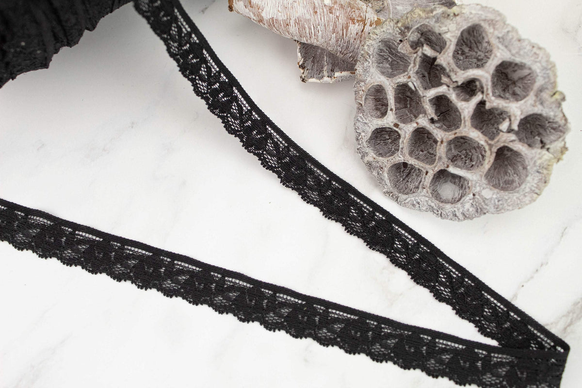 Black Narrow Stretch Lace Trim 11/16 inch width x 5 yards - Felinus Fabrics