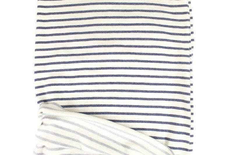 Cream and Heather Dark Blue Narrow Stripe Cotton Blend Sweater Knit Fabric by the yard - Felinus Fabrics